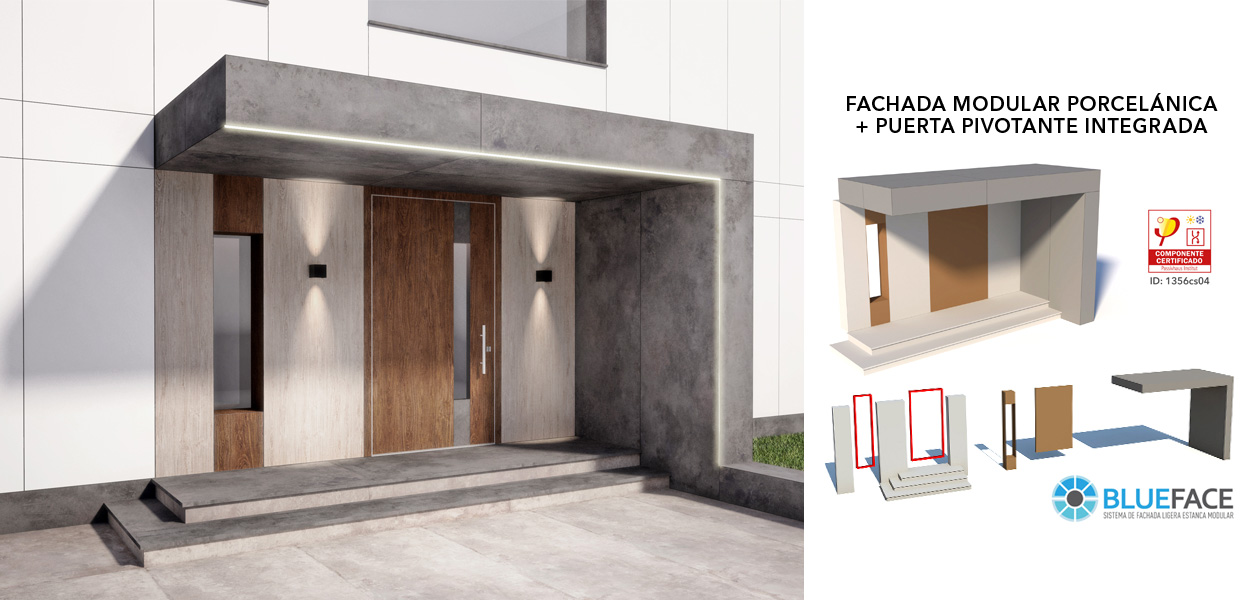 Renovaantes – Fachada porcelánica modular y puerta integrada